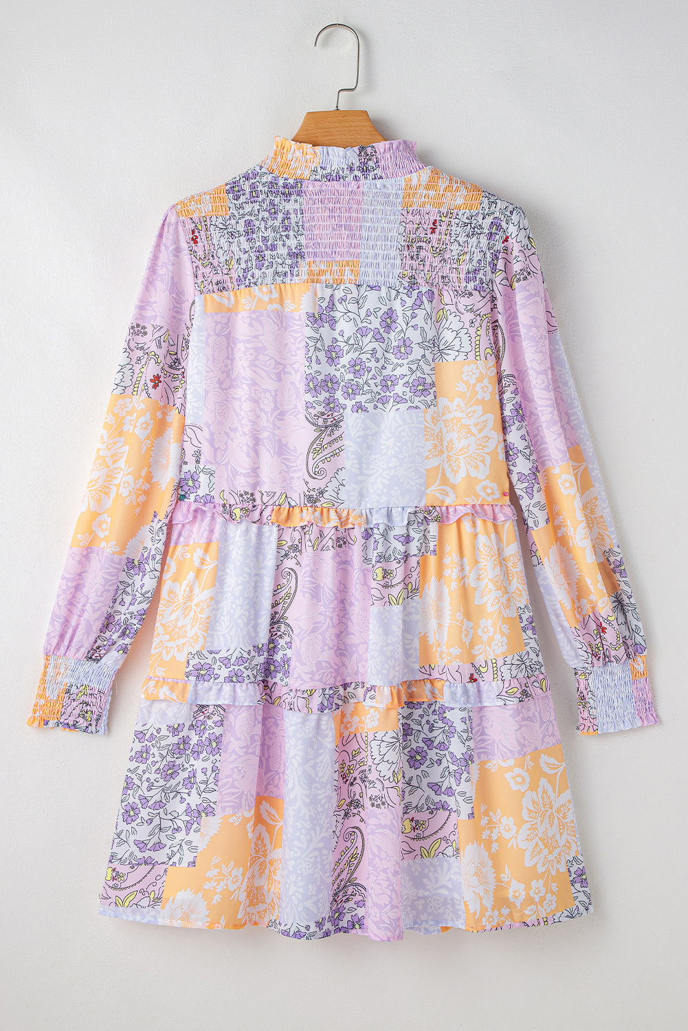 Multicolour Floral Smocked Mock Neck Ruffled Tiered Bubble Sleeve Dress eAura