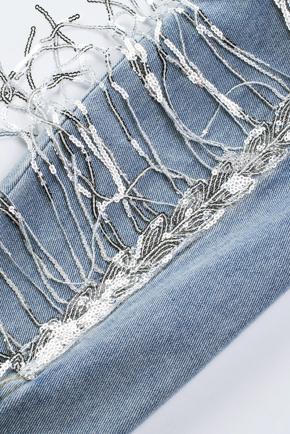 Sky Blue Sequin Embellished Fringe Distressed Denim Jacket Beagle Boutique Fashion Outlet