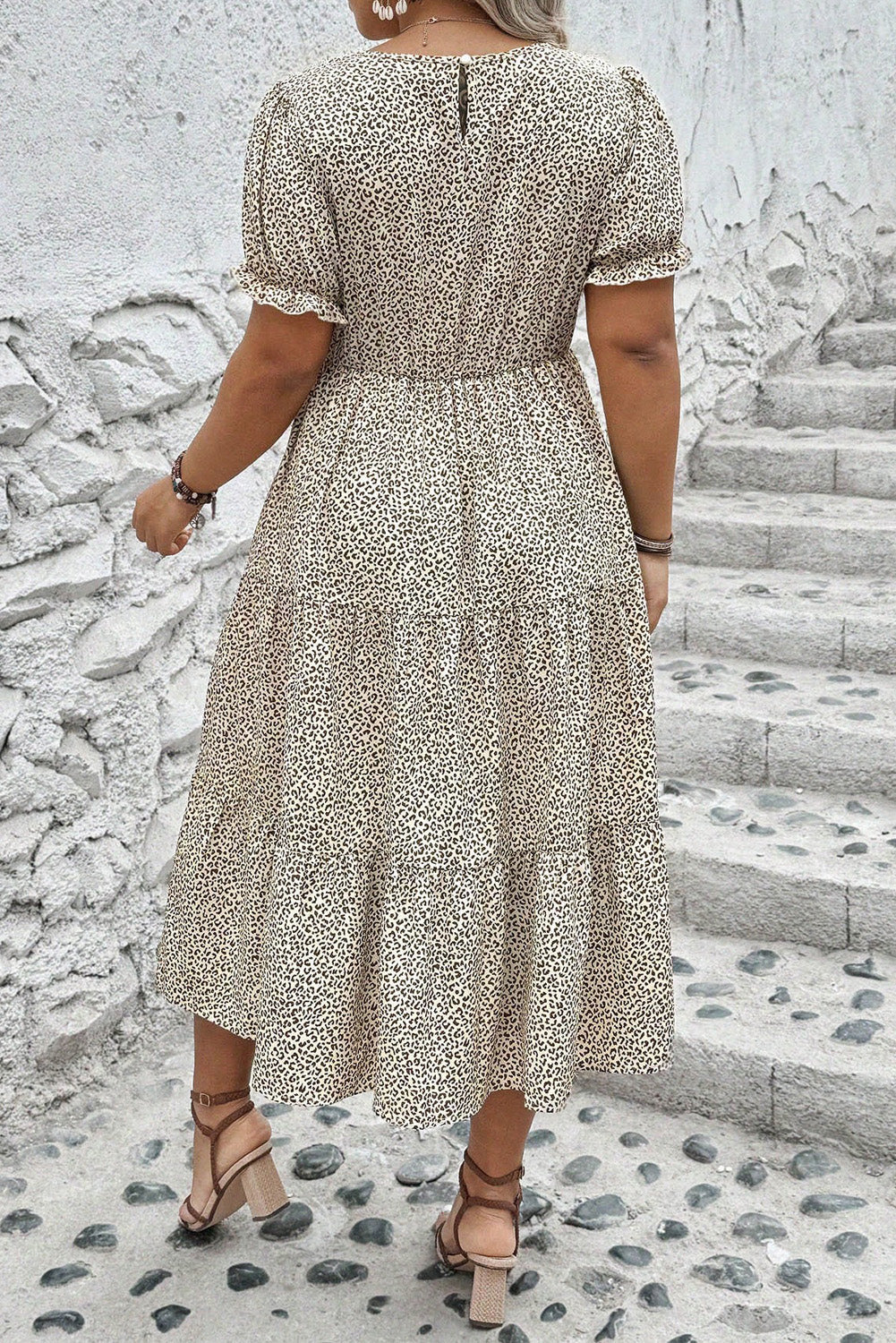 Beige Plus Size Leopard Print Frill Trim Short Sleeve Flared Dress BB Fashion Outlet