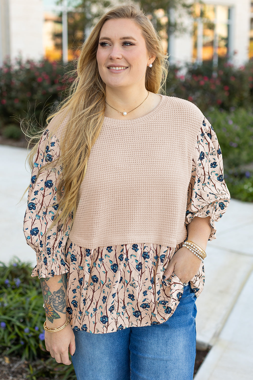Beige Faux Two Piece Knit Patchwork Floral Print Plus Size Top BB Fashion Outlet