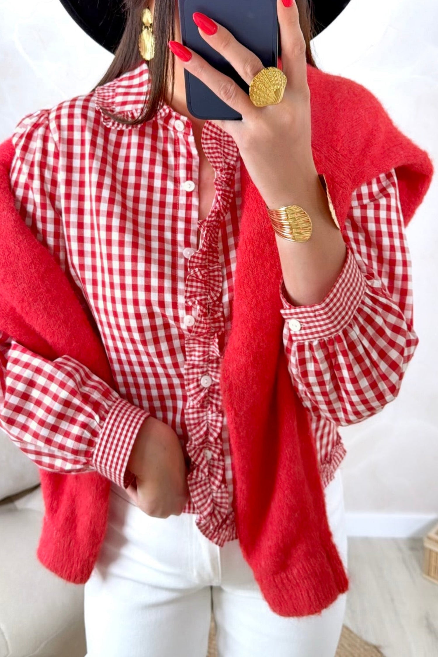 Plaid Long Sleeve Button Down Frill Detail Casual Shirt – Red