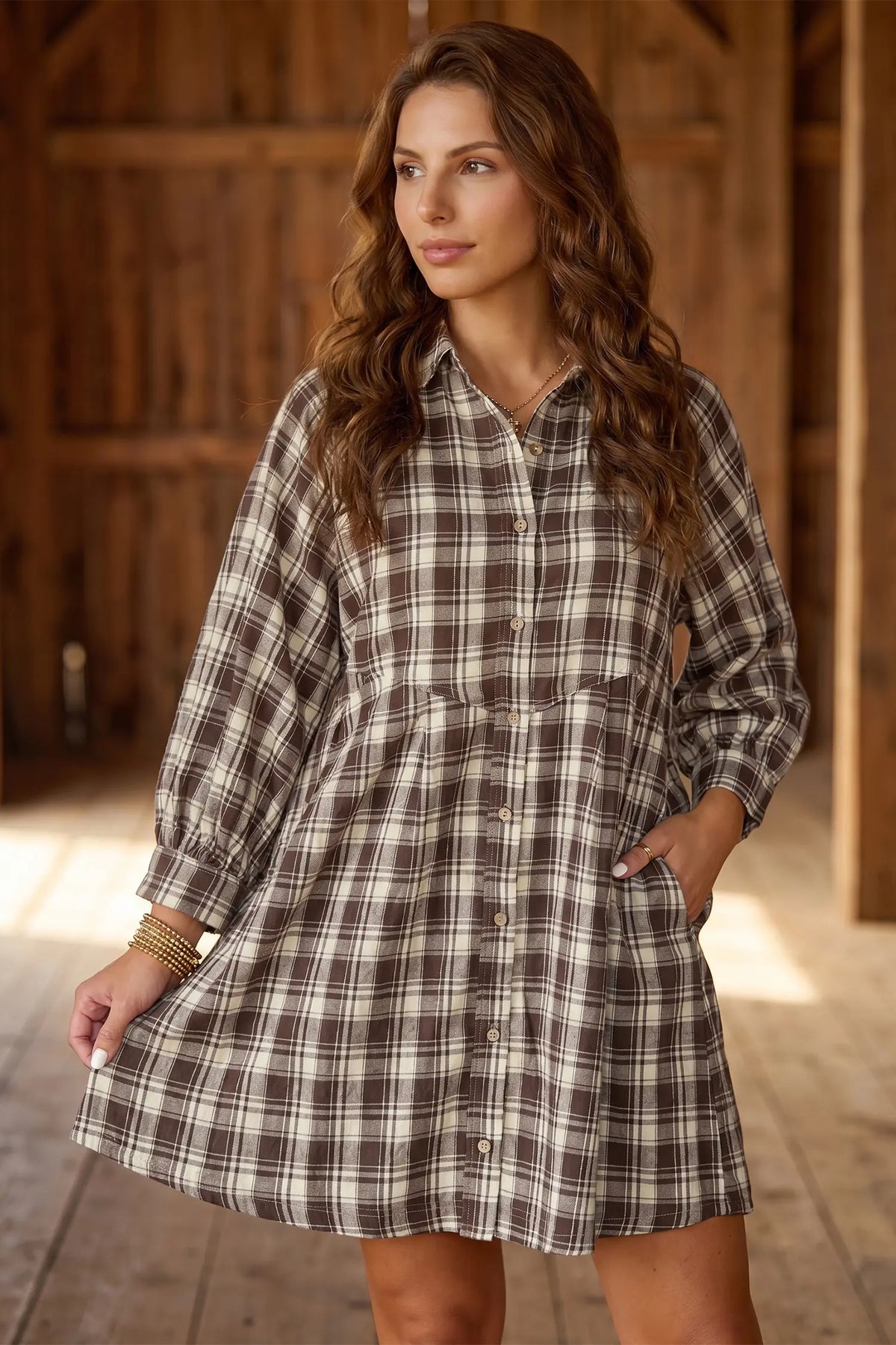 Plaid Long Sleeve Short Shift Mini Dress – Brown