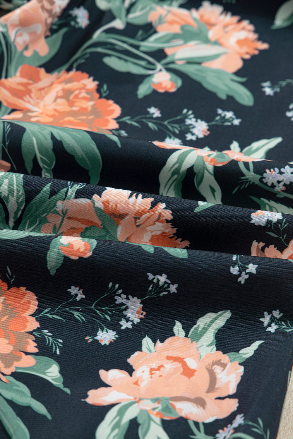 Floral Print Striped Trim V-Neck Long Sleeve Ruffle Hem Shift Mini Dress - eAura