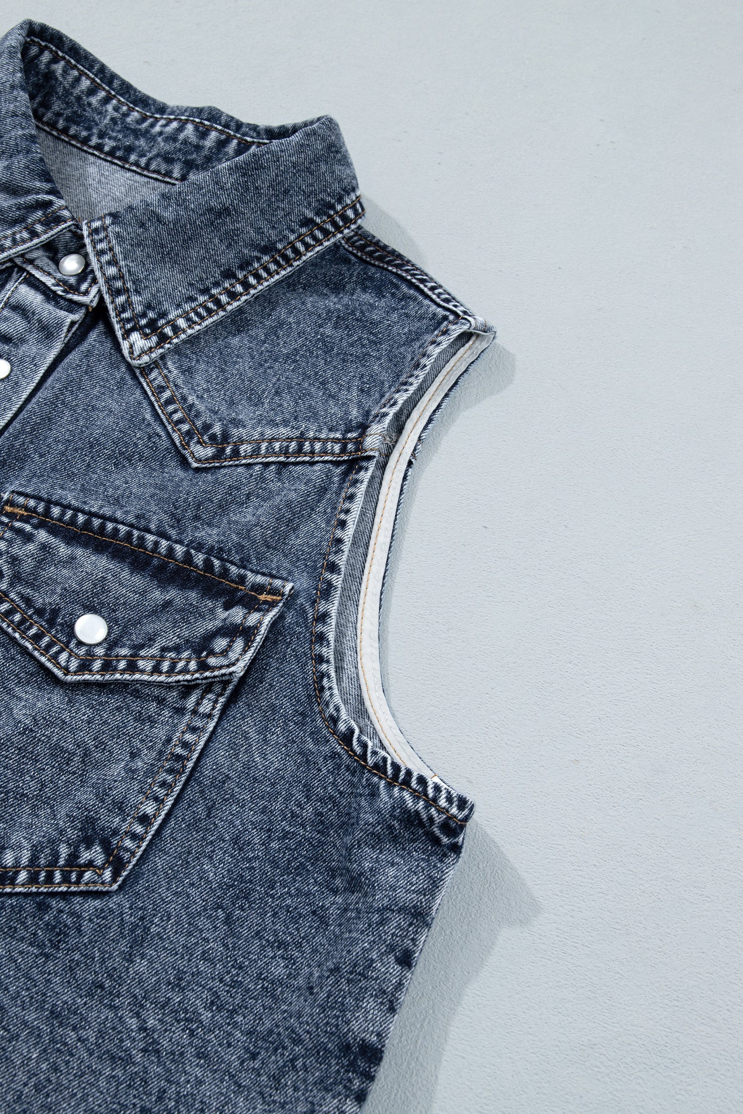 Ashleigh Blue Solid Denim Button Front Pocket Sleeveless Cowboy Vest – Dark Blue