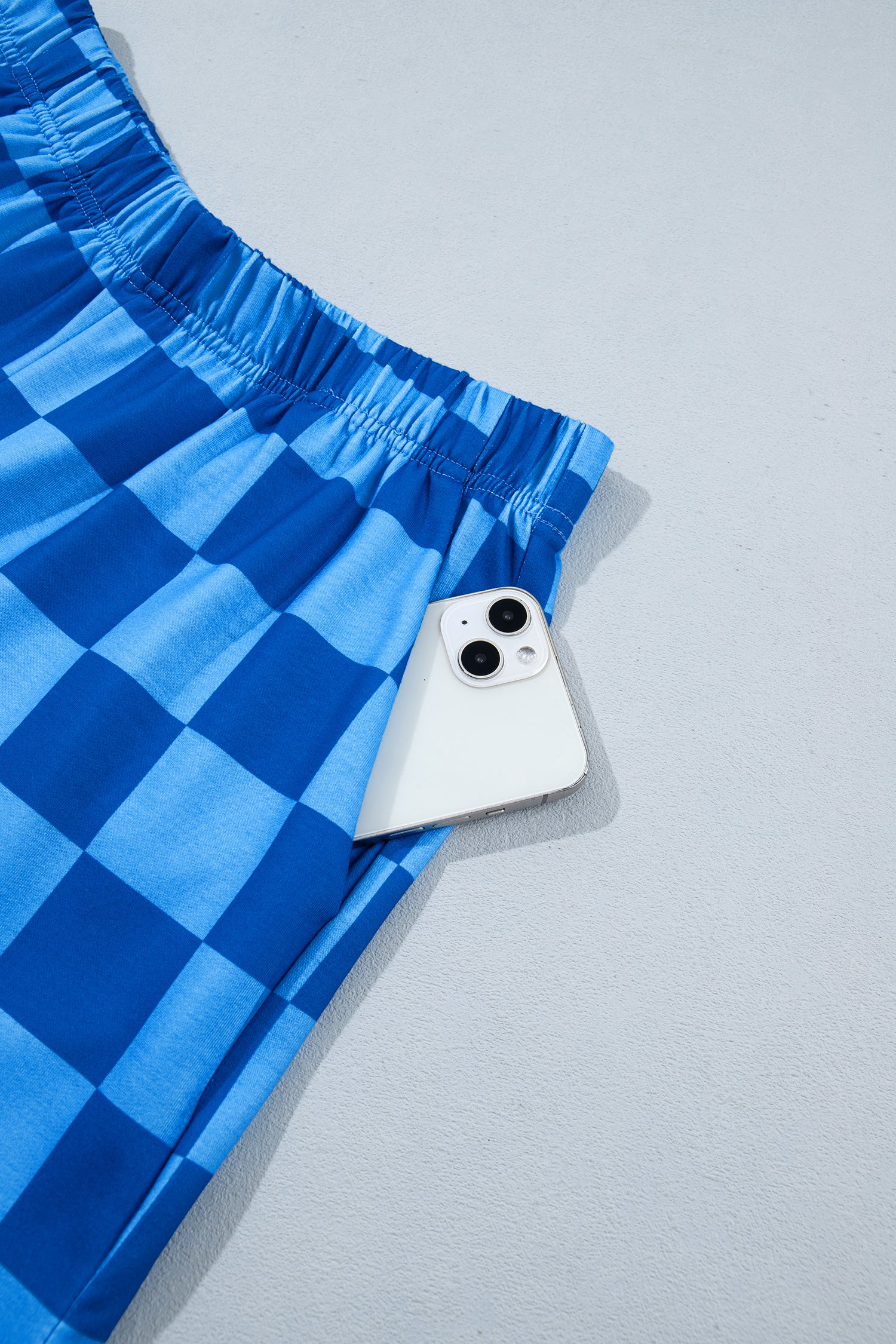 Plaid Checkered Long Sleeve Crop Top Elastic Waist Shorts Two Piece Set – Dark Blue