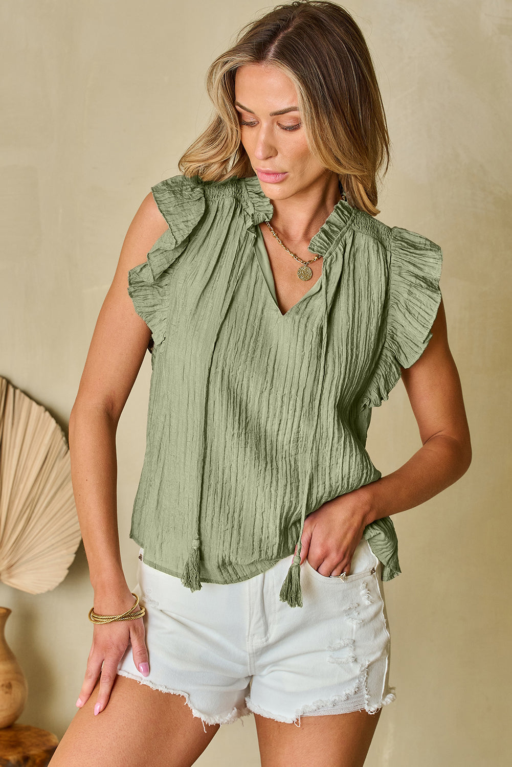 Meadow Mist Green V Neck Flutter Sleeve Textured Blouse eAura