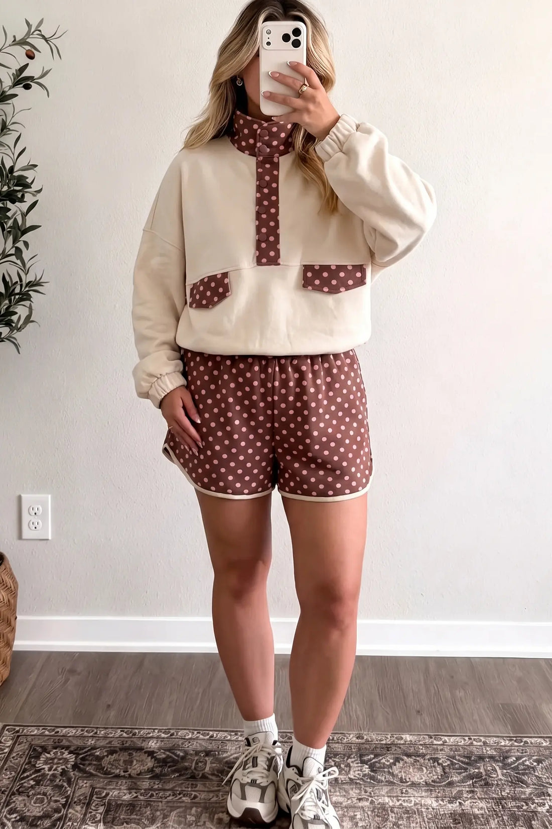 Polka Dot Contrast Baggy Pullover and Elastic Waist Shorts 2pcs Set