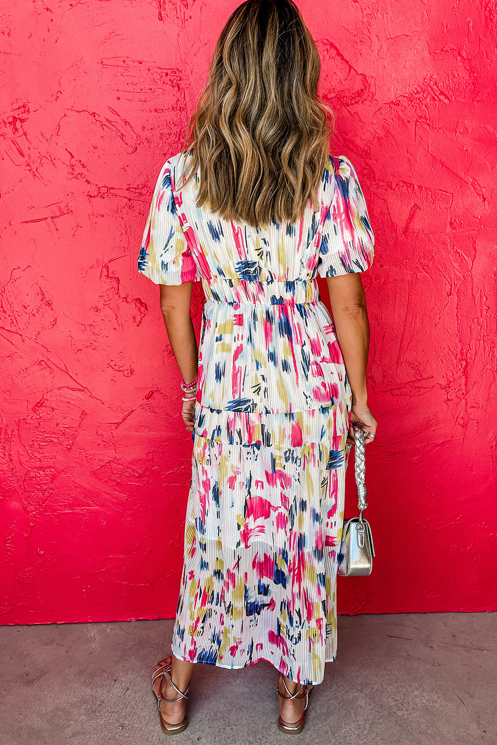 Rose Abstract Print Short Puff Sleeve Tiered Maxi Dress eAura