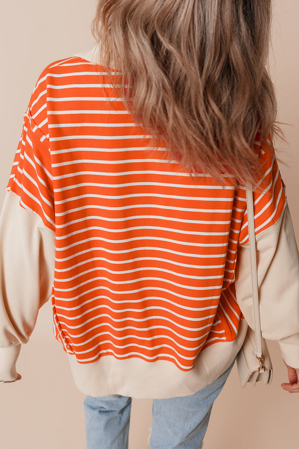 Orange Stripe Colour Block Loose Fit Collared Drop Shoulder Sweatshirt eAura