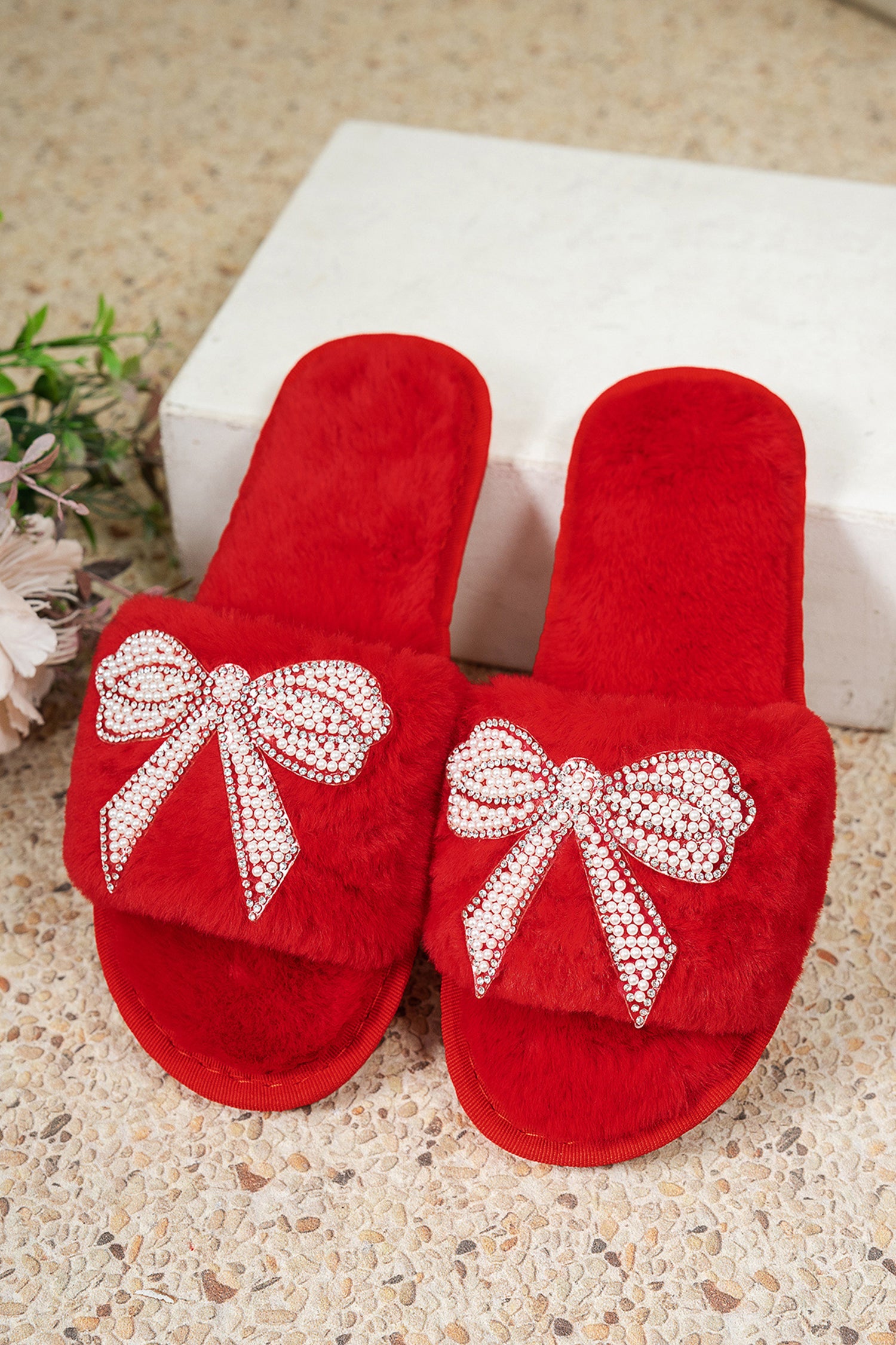Red Pearl Rhinestone Embellished Bow Open Toe Plush Slippers