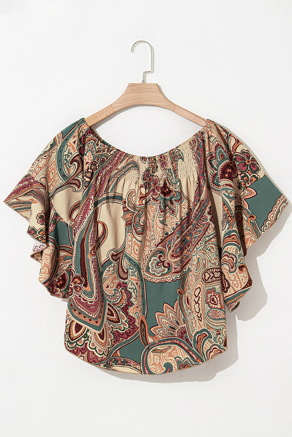 Apricot Paisley Printed Shirred Off Shoulder Ruffled Draped Sleeve Blouse eAura