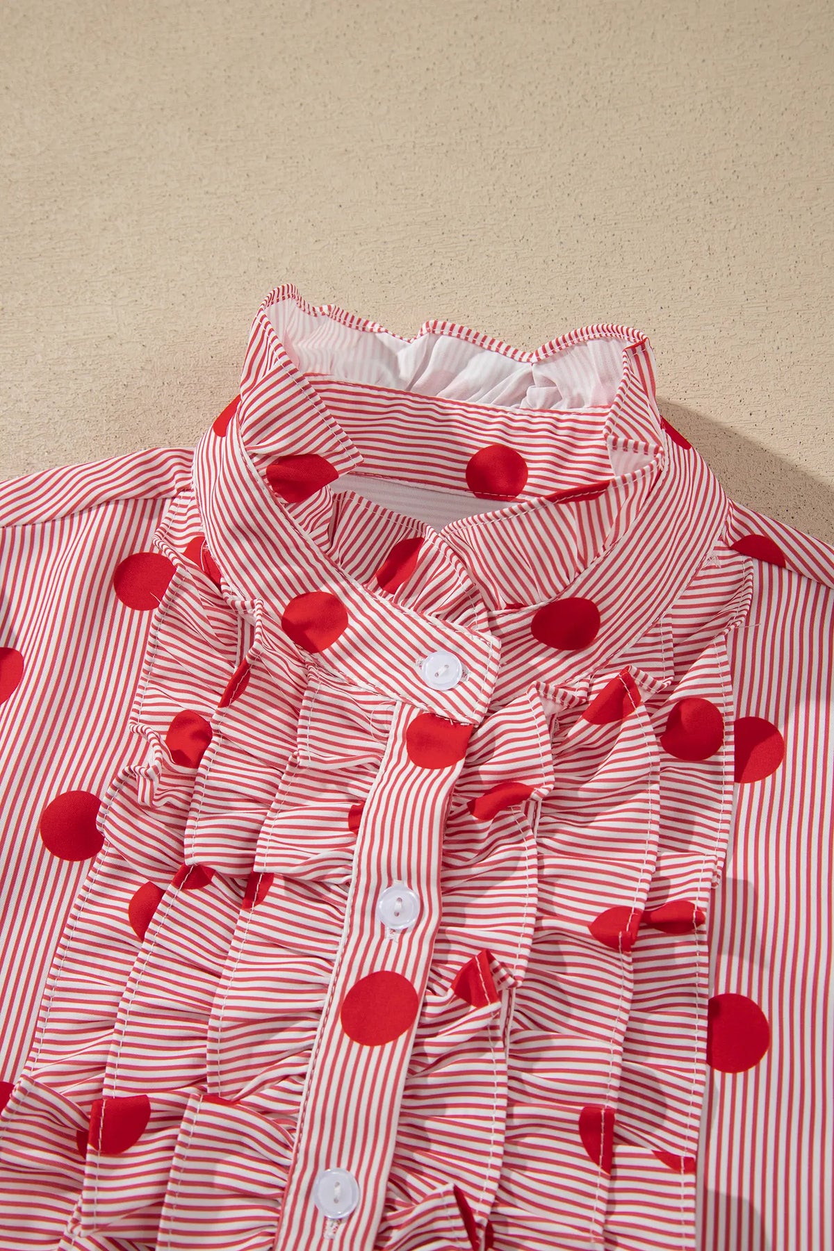 Polka Dot Striped Print Ruffle Stand Neck 3/4 Sleeve Shift Shirt – Fiery Red