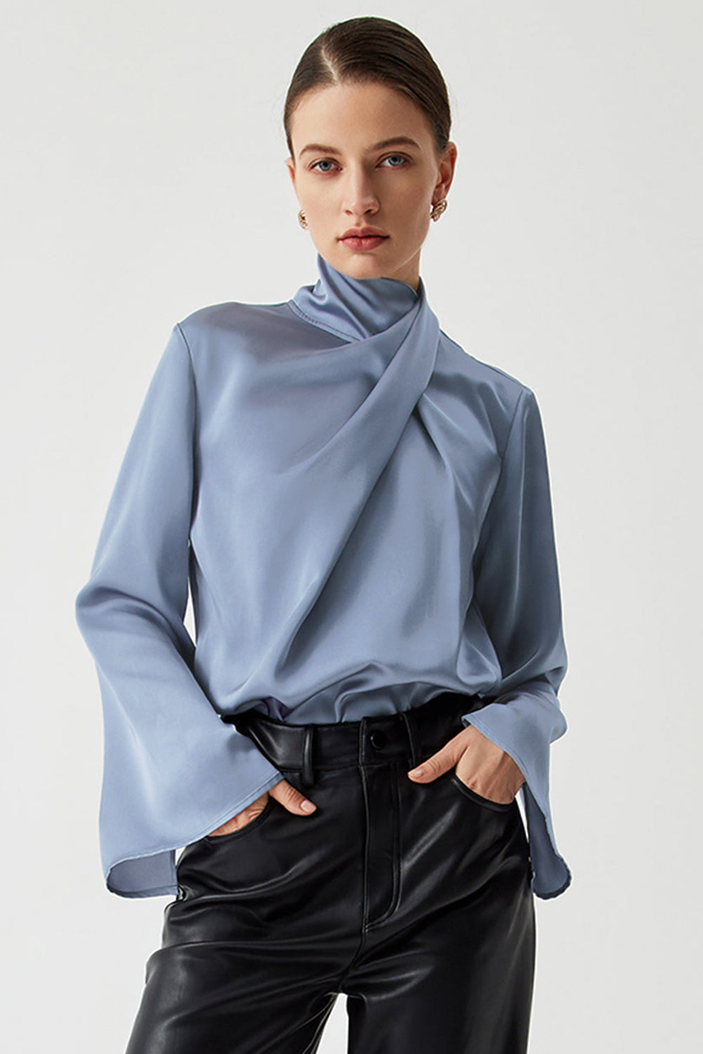 Ivy Asymmetric Pleated Turtleneck Bell Sleeve Blouse eAura