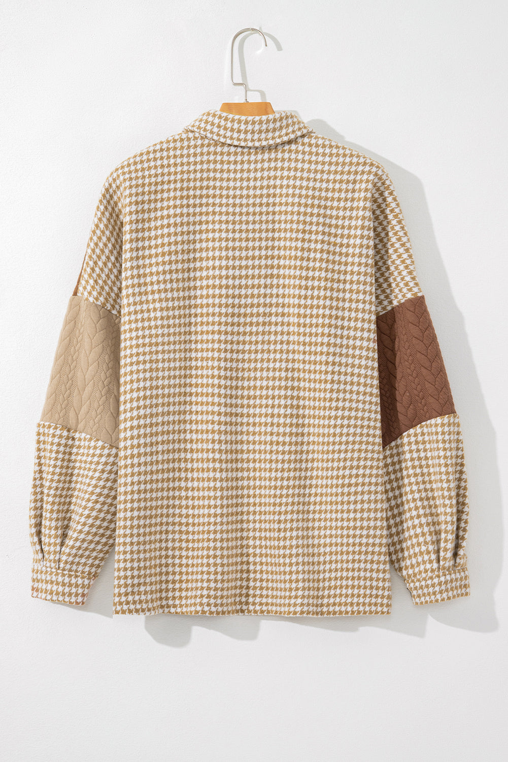 Khaki Houndstooth Colour Contrast Textured Patchwork Loose Shacket eAura