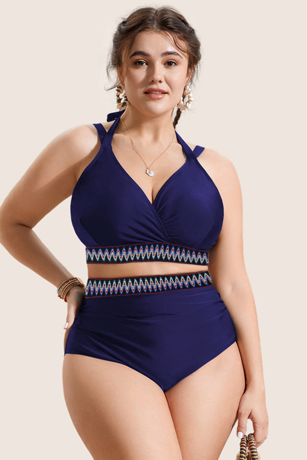 Navy Blue Embroidered Trim Wrap Tie Knot Plus Size High Waisted Bikini BB Fashion Outlet