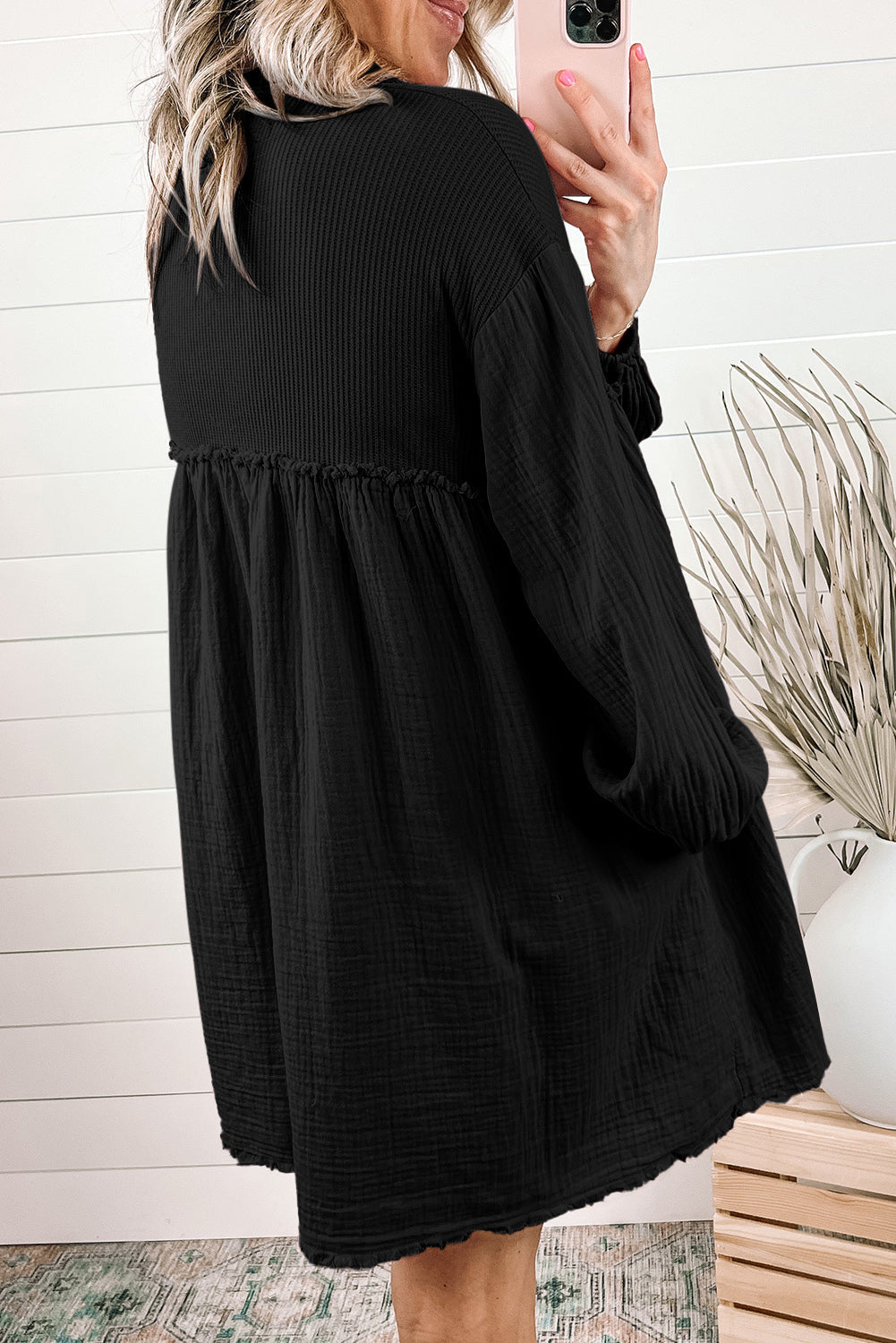 Black Patchwork Crinkle Puff Sleeve Shirt Dress eAura