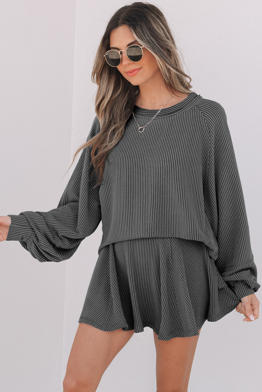 Soft Cord Lantern Sleeve Top & High Waist Ruffled Mini Skort Co-ord Dear-Lover Dropshipping