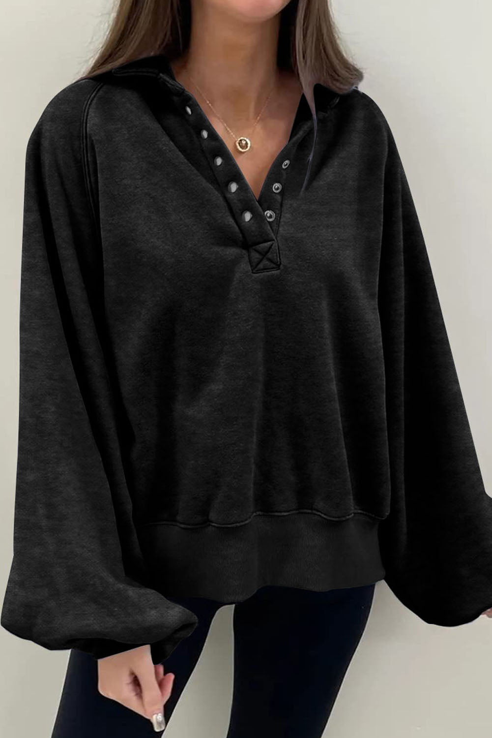 Black Solid Snap Buttons Collared Balloon Sleeve Oversized Sweatshirt eAura