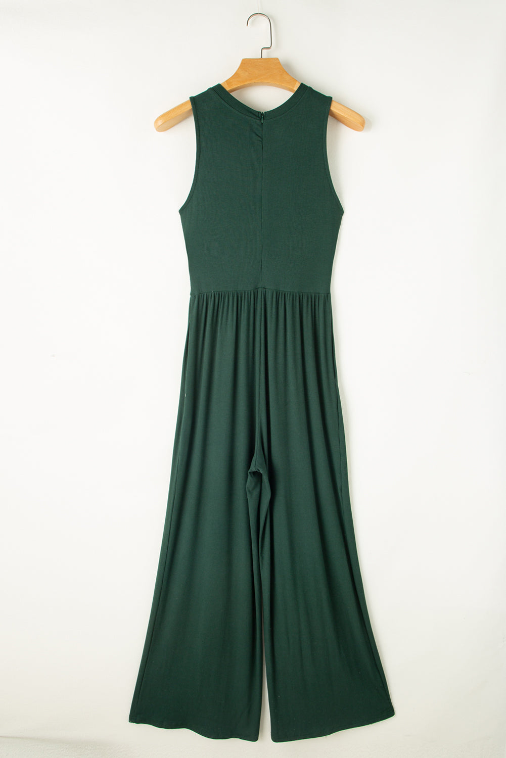 Blackish Green Cinched Waist Sleeveless Wide Leg Jumpsuit eAura