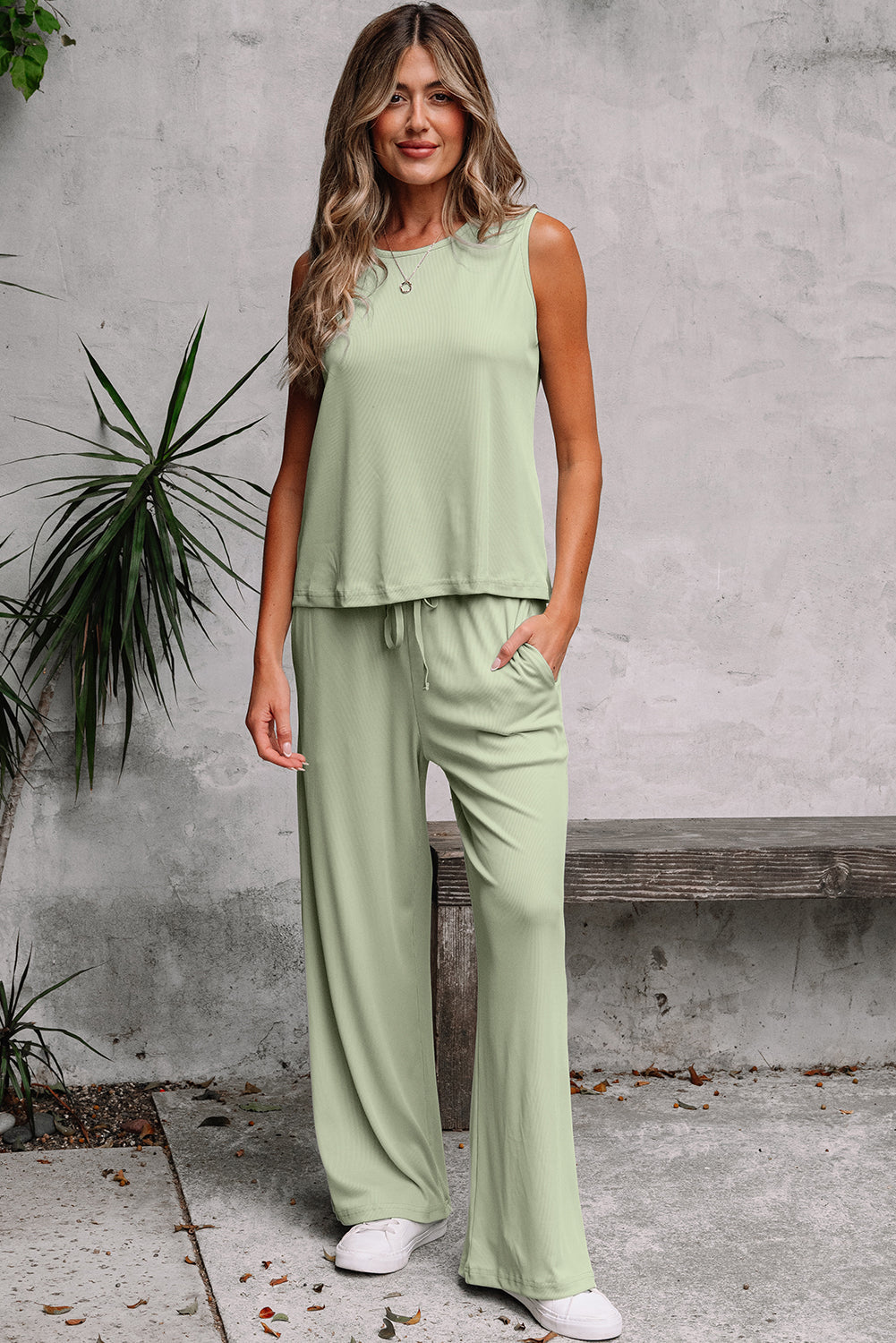 Green Textured Tank Top and Drawstring High Waist Trousers Co-ord Set eAura