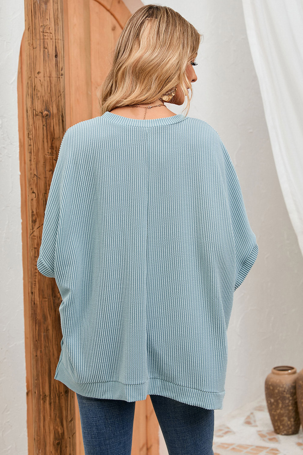 Apricot Ribbed Knit Batwing Sleeve Tunic Oversized T Shirt eAura
