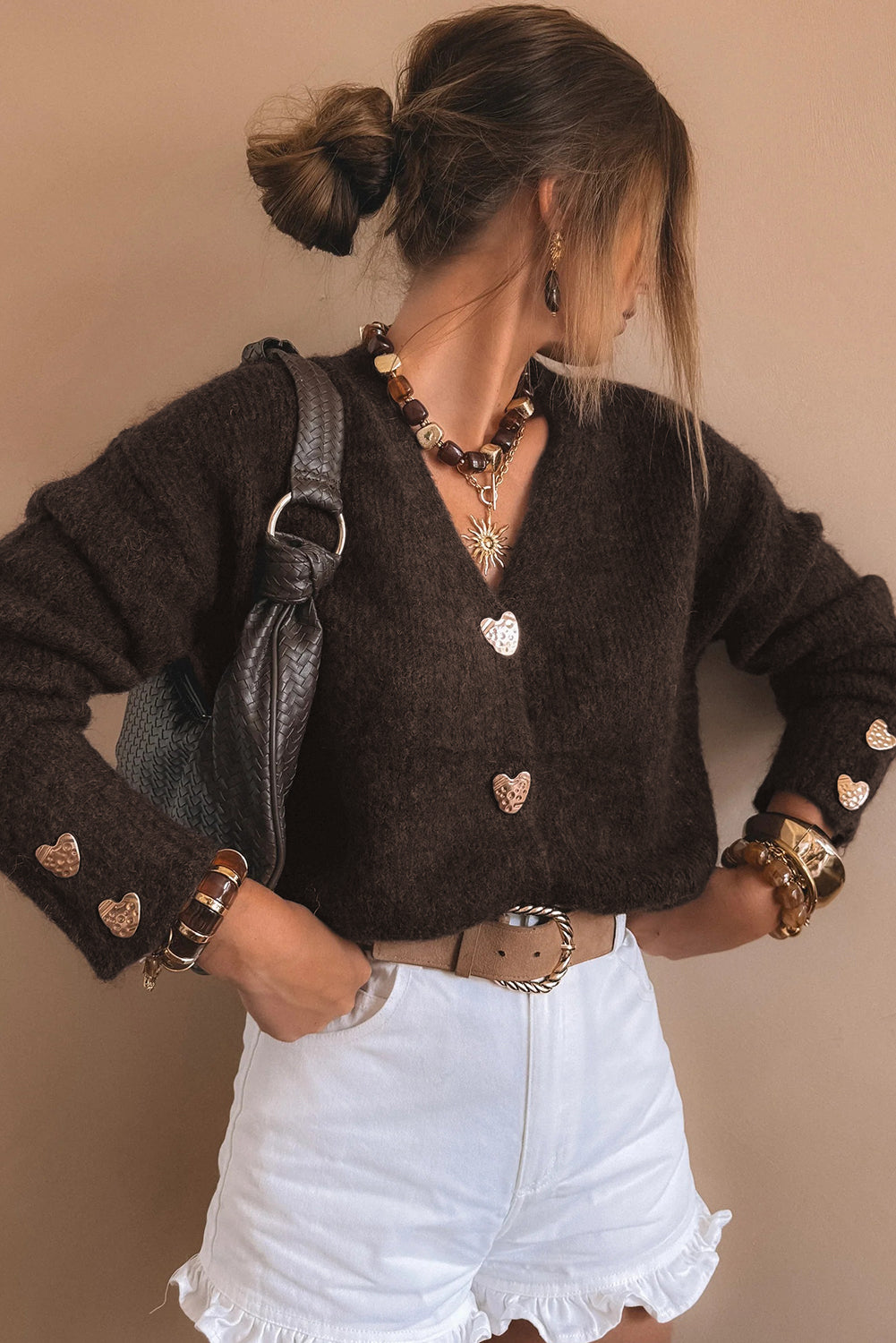 Heart Metal Button V-Neck Cardigan - eAura
