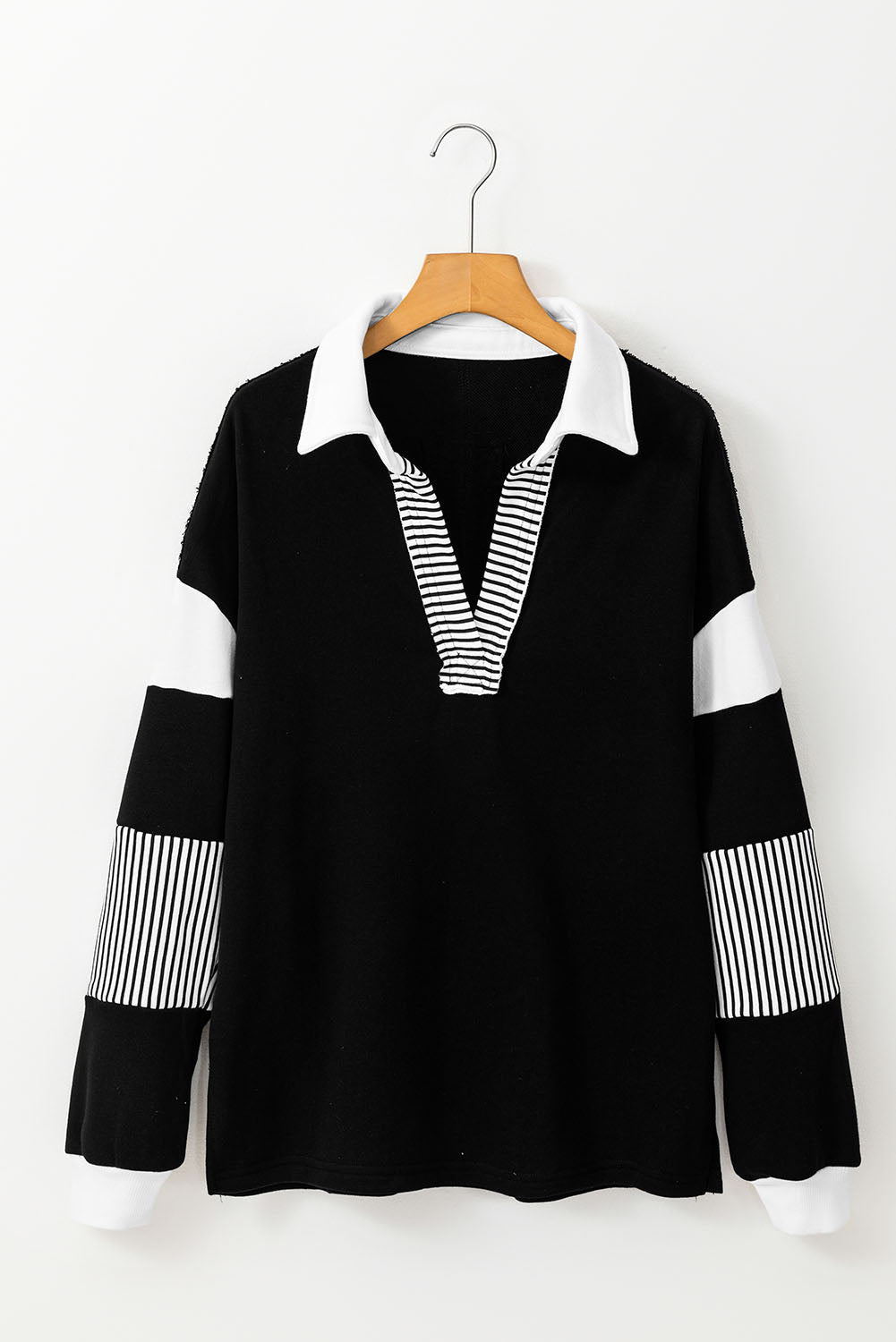 Black Striped Colourblock Patchwork Collar Sweatshirt eAura
