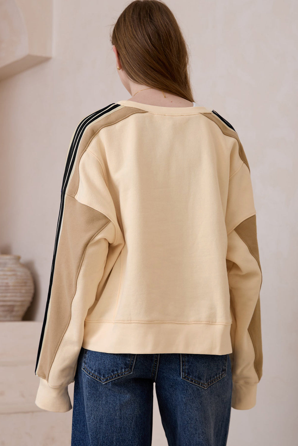 Beige Contrast Striped Patchwork Drop Shoulder Loose Sweatshirt eAura