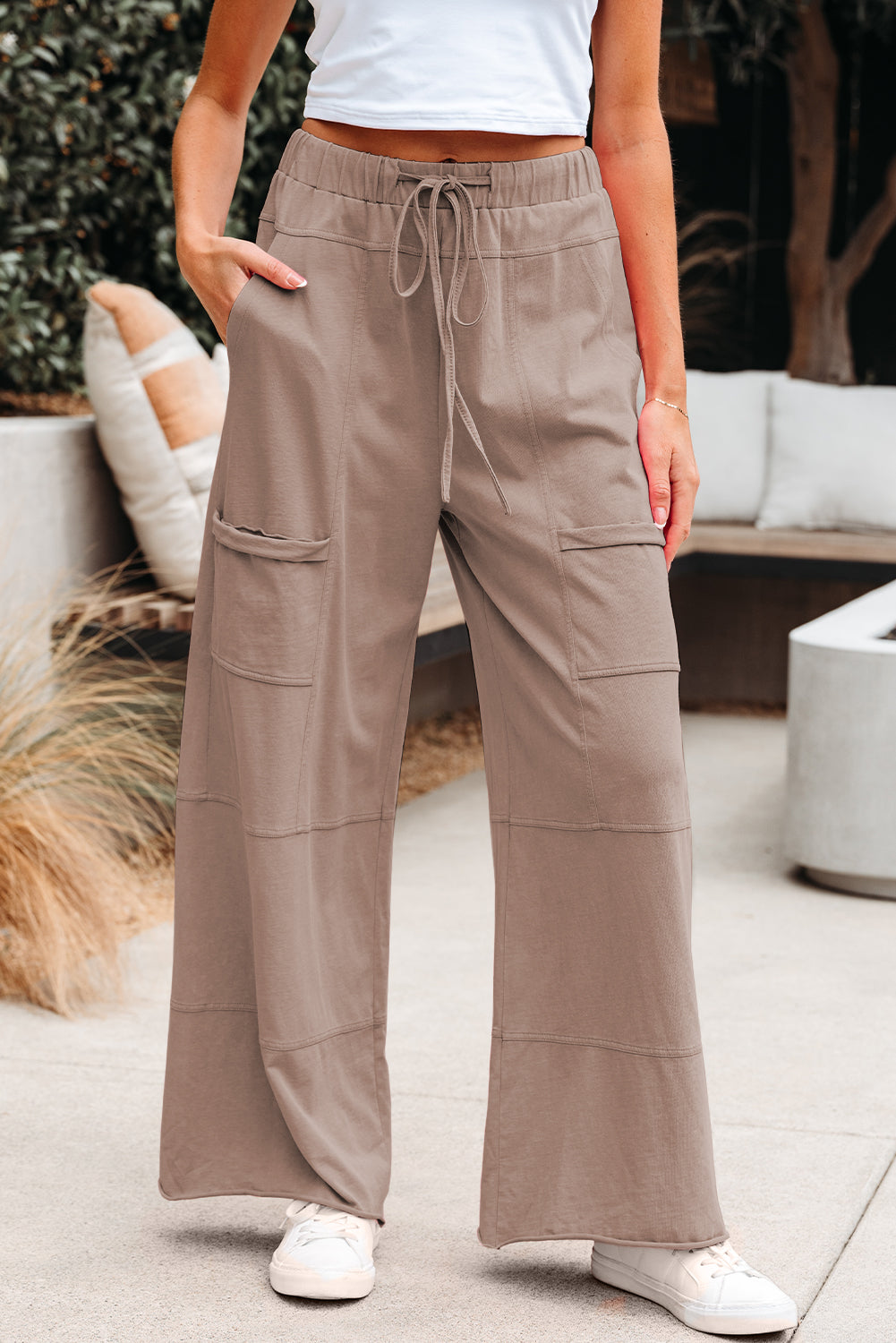 Mineral Wash Exposed Seam Drawstring High Waist Wide Leg Cargo Trousers - eAura