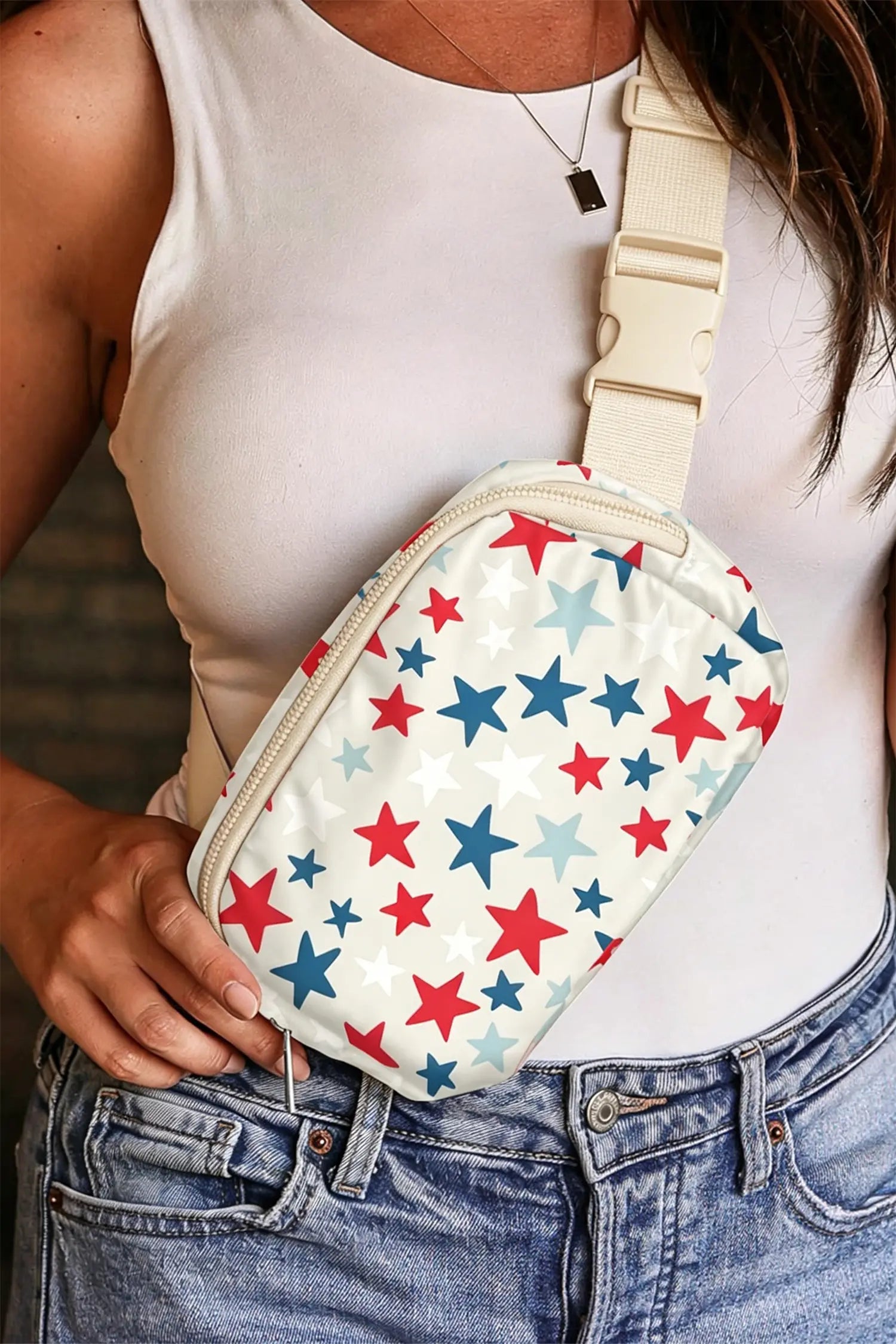 White Star Printed Buckle Strap Flag Day Crossbody Bag