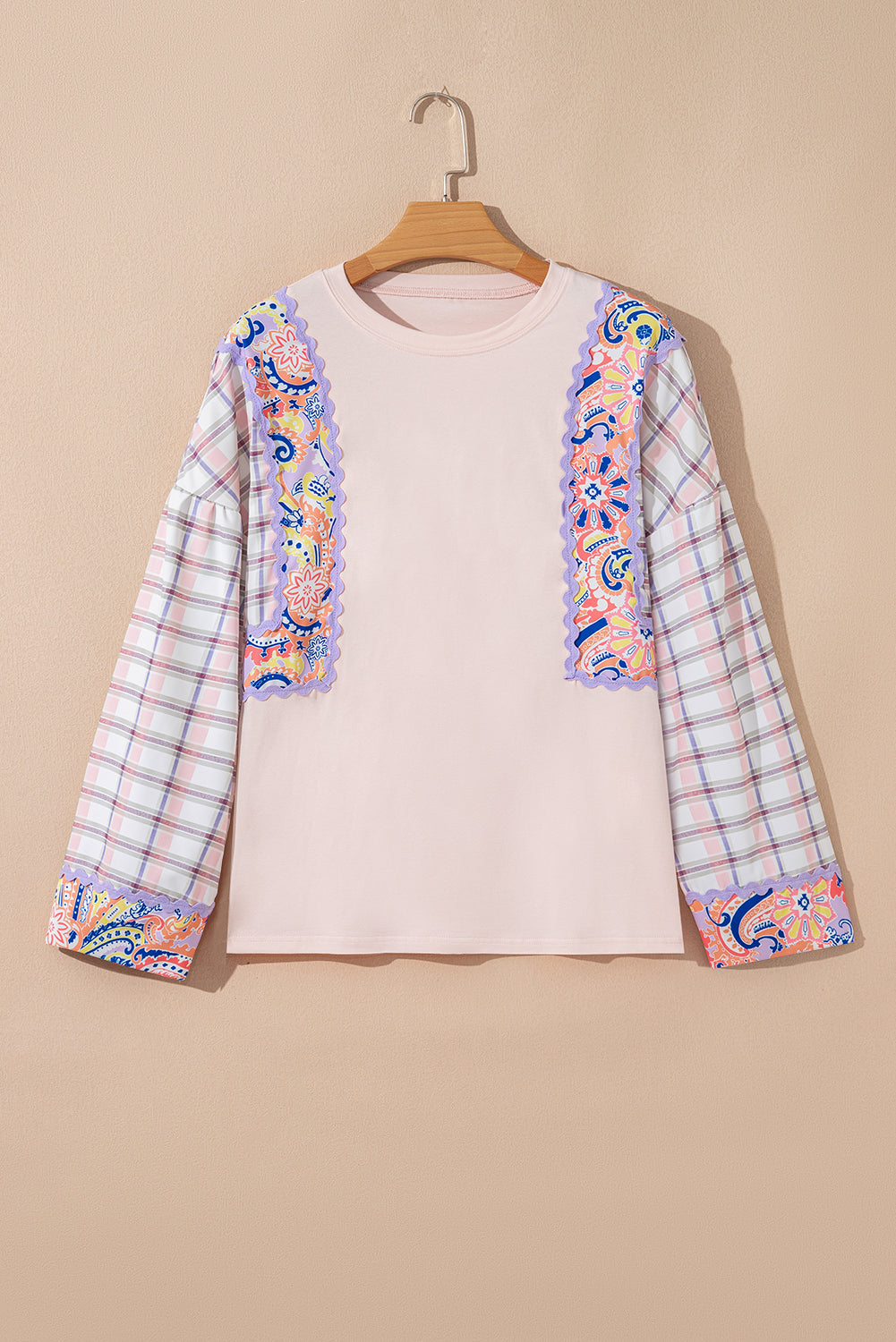 Ricrac Trim Floral Plaid Patchwork Puff Sleeve Blouse - eAura