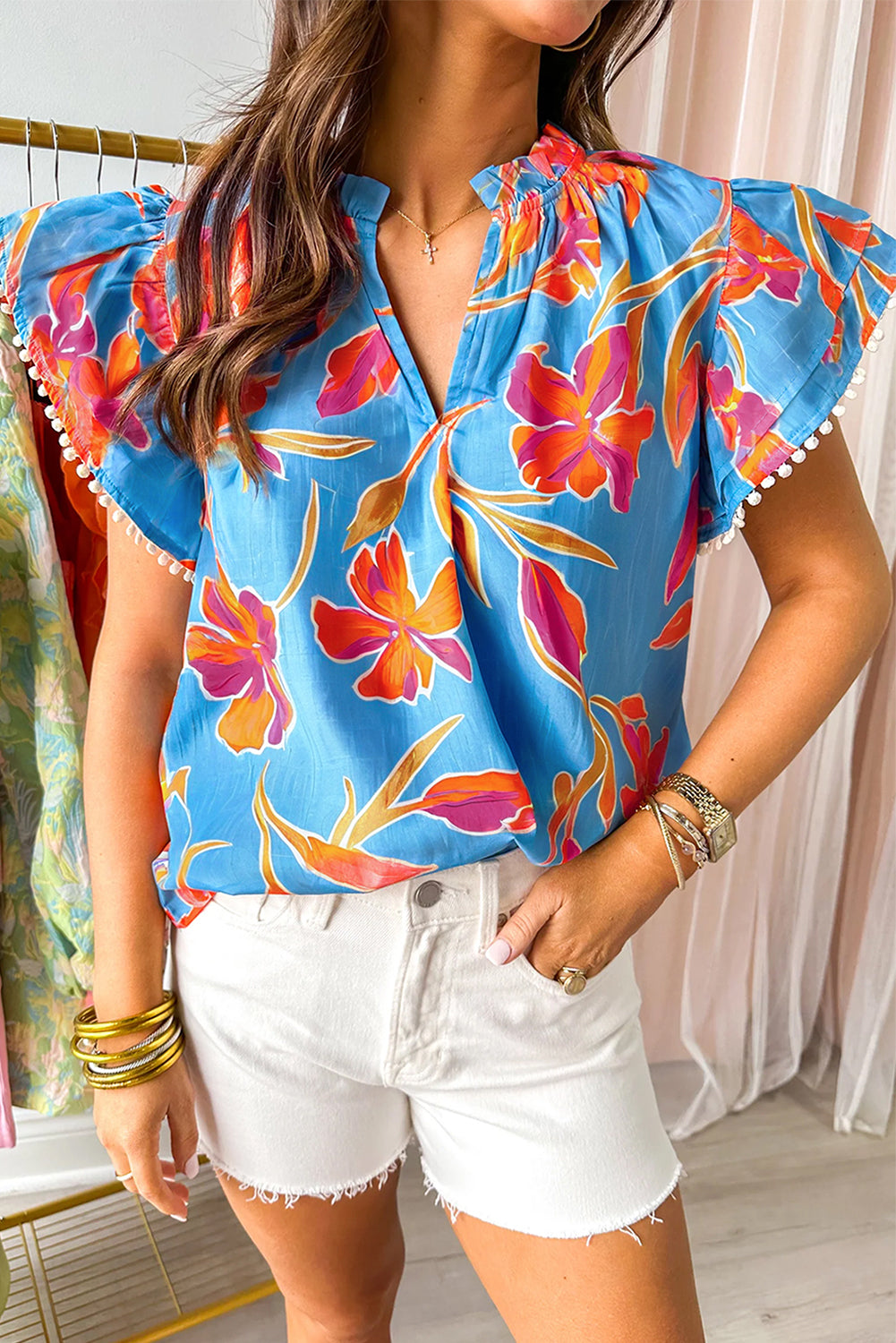 Sky Blue Floral Print V Neck Pompom Trim Flutter Sleeve Blouse eAura
