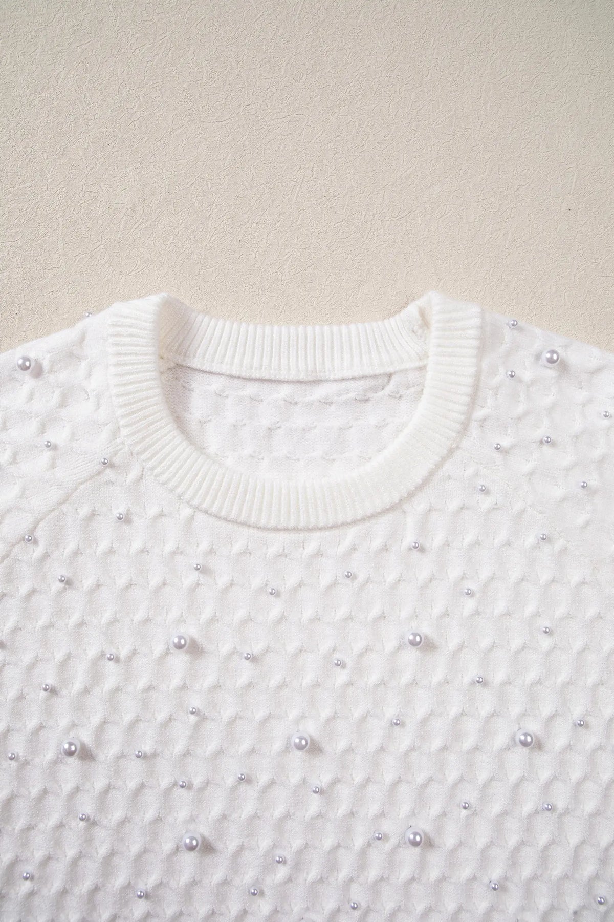 Solid Textured Knit Pearl Embellished Pullover Sweater – White
