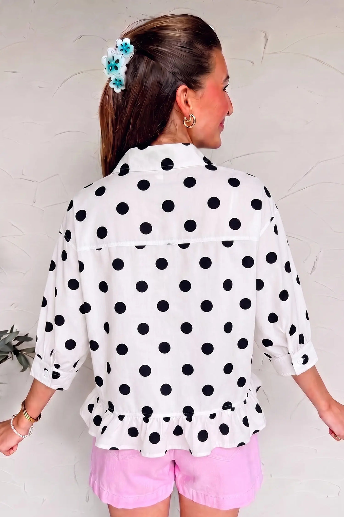Polka Dot Print Three Quarter Sleeve Ruffle Hem Casual Shirt – Khaki