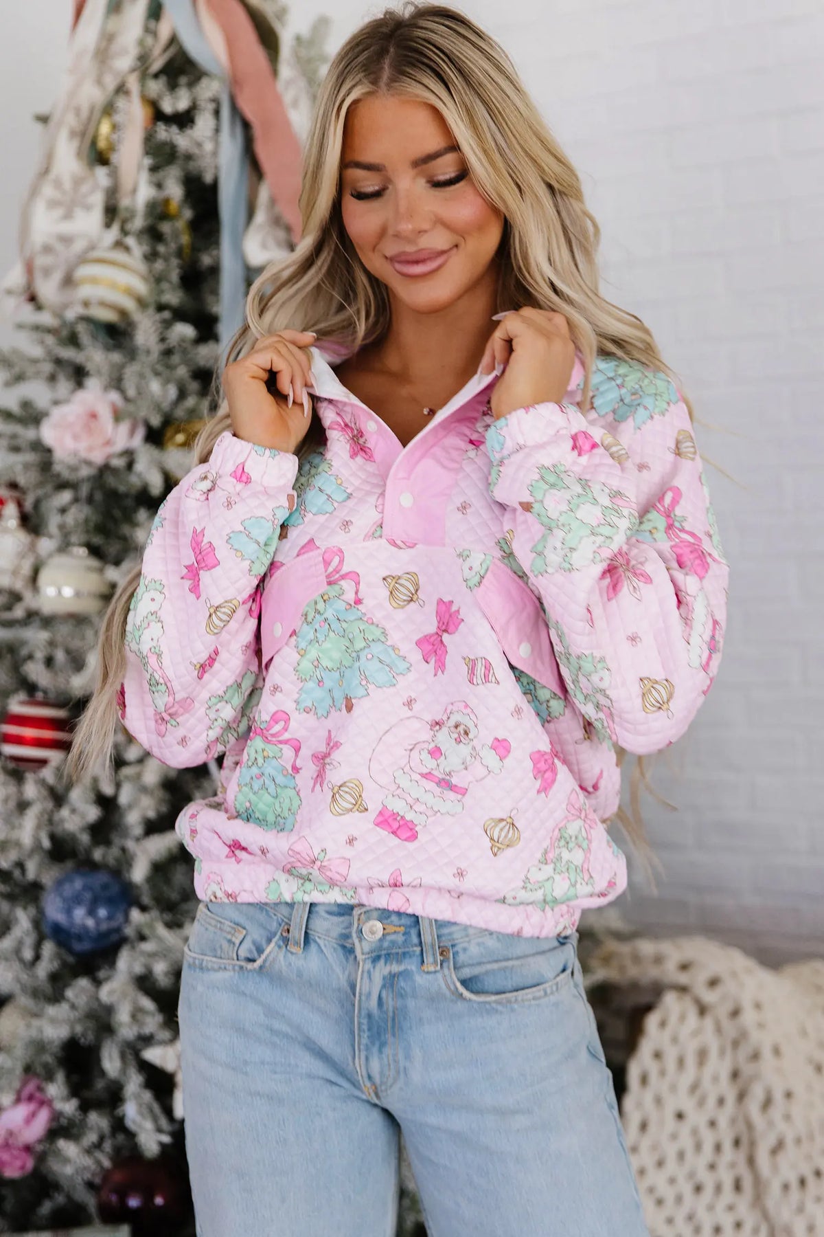Sweatshirt Quilted Collar Half-Button Loose Christmas Print