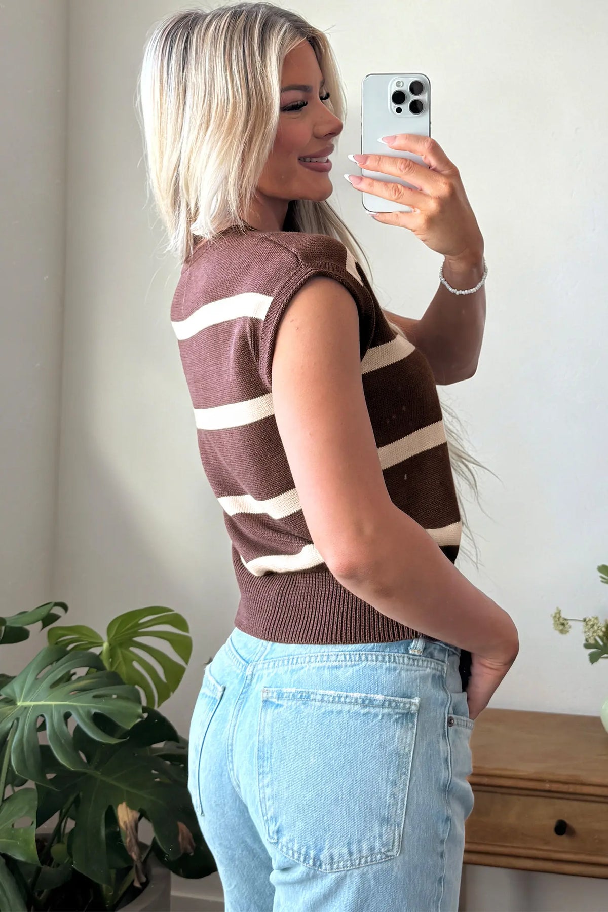 Knit Western Short Sleeve Sweater – Brown Stripe