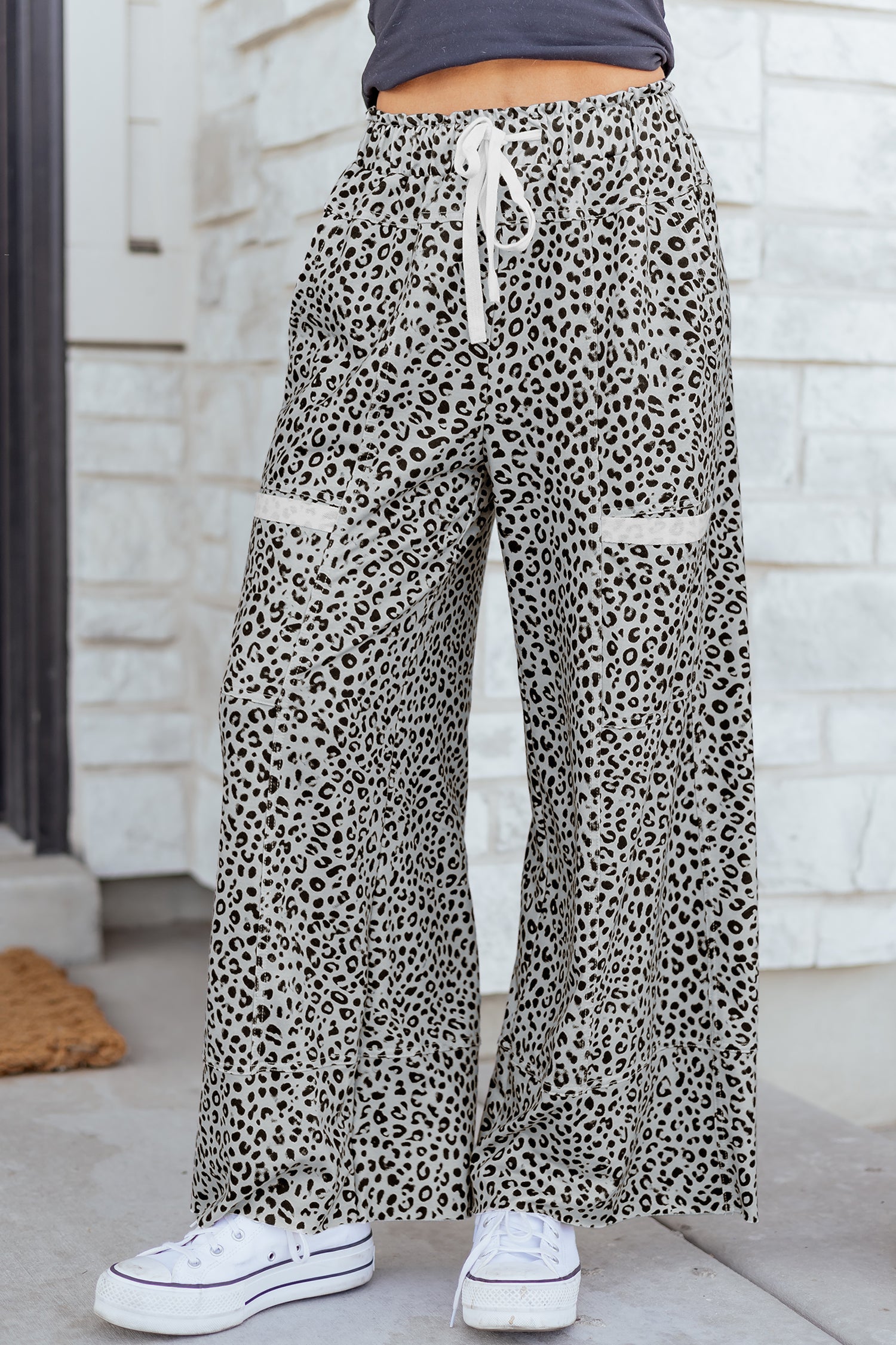 Animal Print Wide Leg Terry Knit Pants – Gray & Khaki