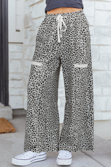 Animal Print Wide Leg Terry Knit Pants – Gray & Khaki