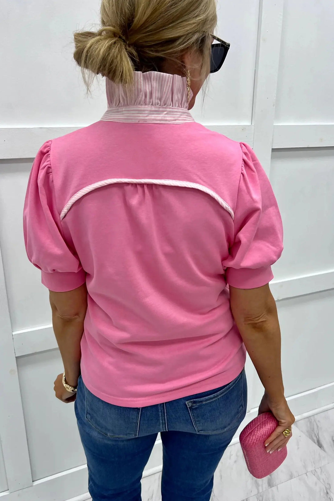 Striped Frilled Collar Short Sleeve Blouse
