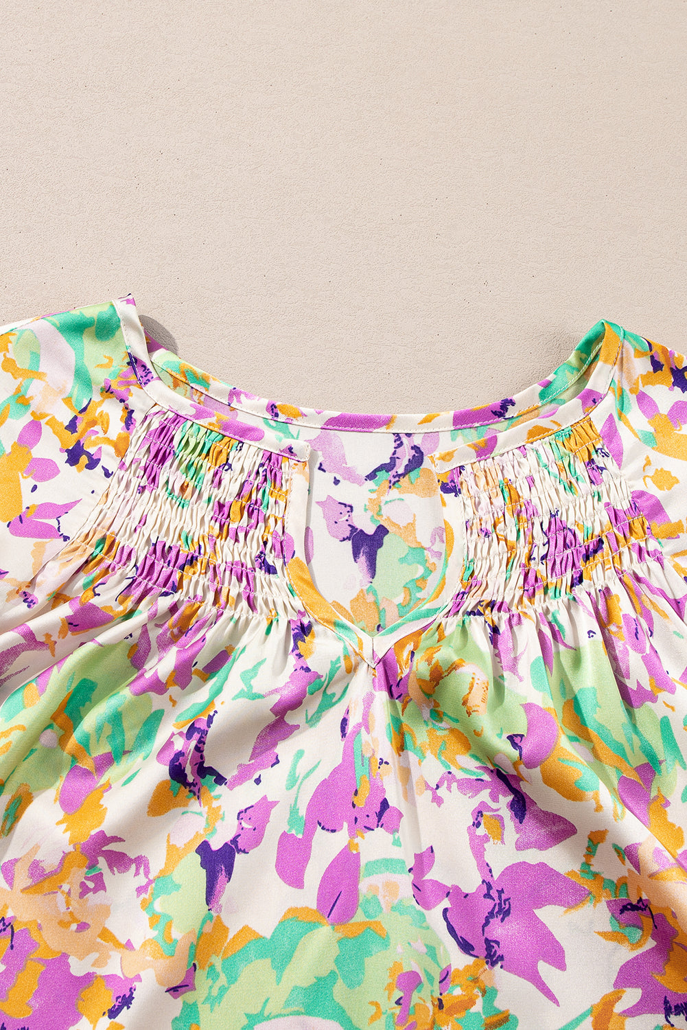 Purple Abstract Printed Ruffled Short Sleeve Notched Neck Blouse eAura