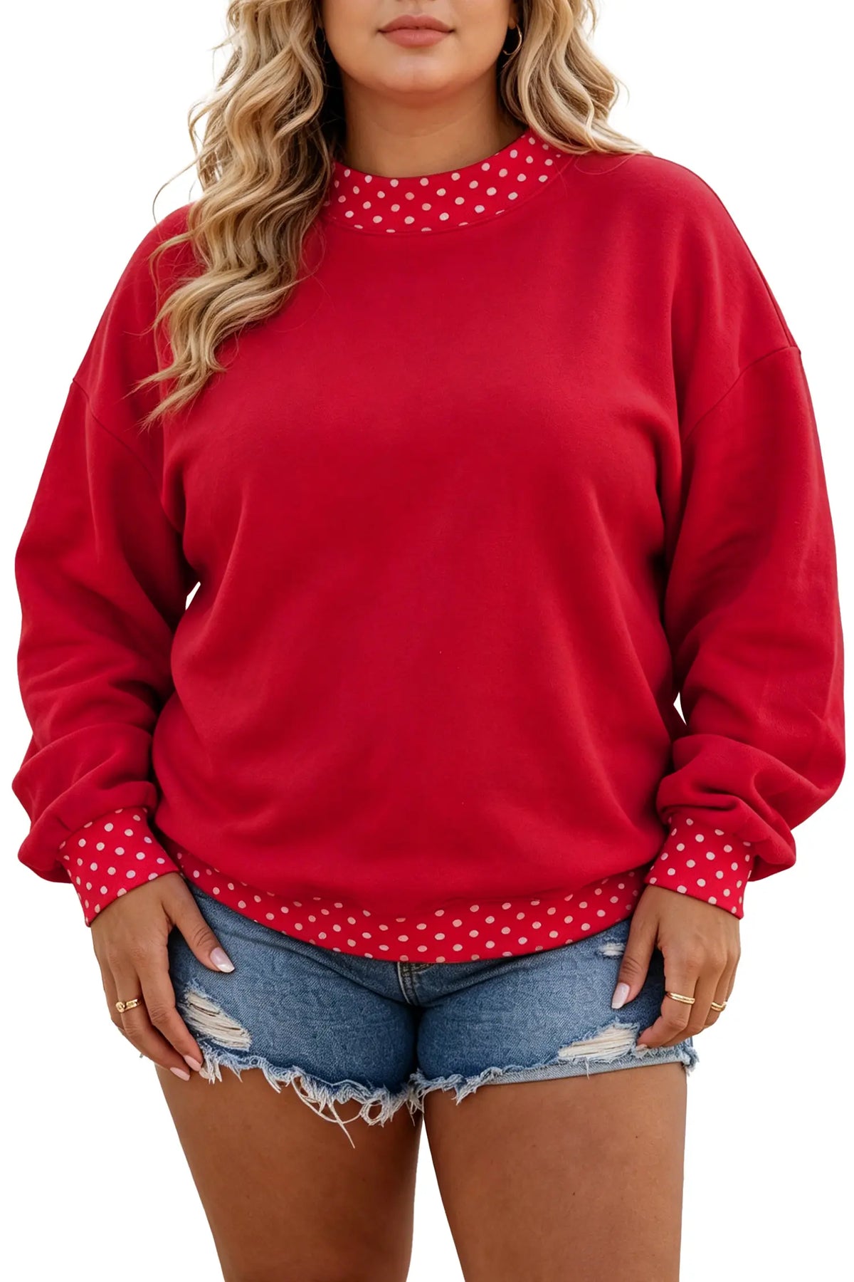 Polka Dot Patchwork Round Neck Plus Size Sweatshirt – Racing Red