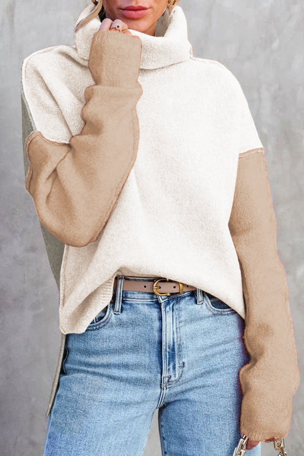 Colour Block Turtle Neck Drop Shoulder Knit Sweater Dear-Lover Dropshipping