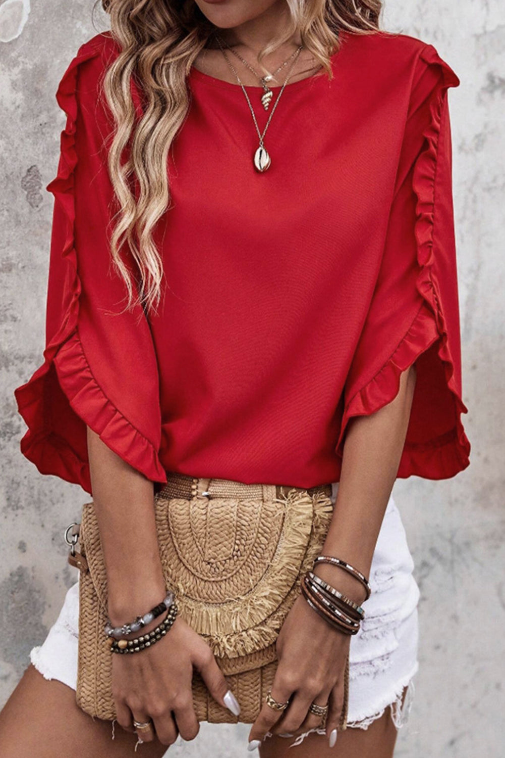 Ruffle Trimmed 3/4 Sleeve Round Neck Blouse eAura