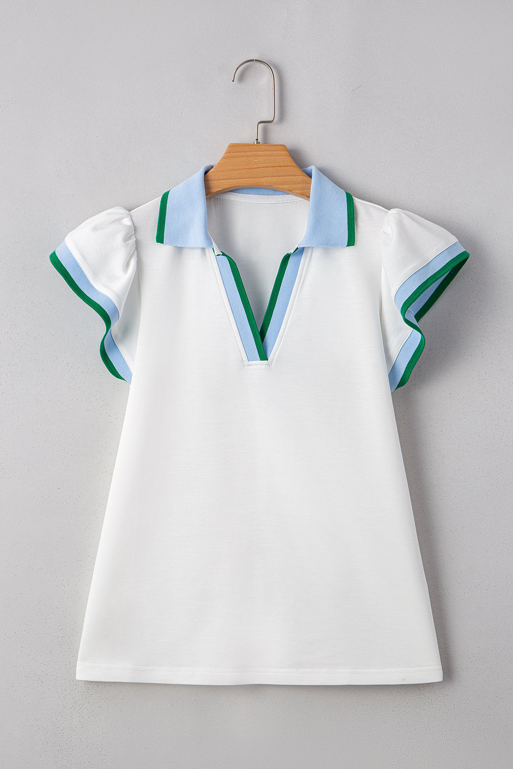 Contrast Ruffled Sleeve Collared V-Neck Blouse eAura