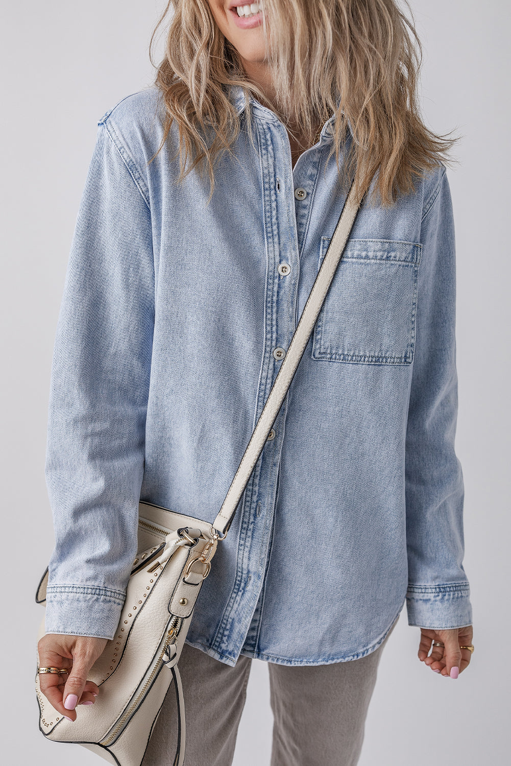 Beau Blue Long Sleeve Buttoned Chest Pocket Denim Shacket Beagle Boutique Fashion Outlet