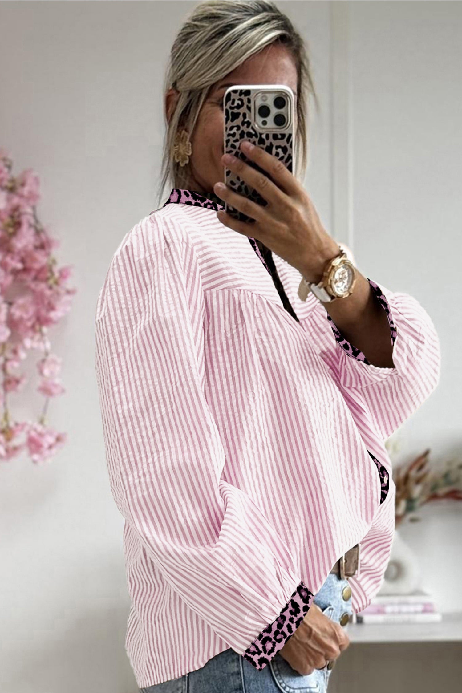 Stripe Leopard Patchwork Long Sleeve Shirt - Tops/Blouses & Shirts