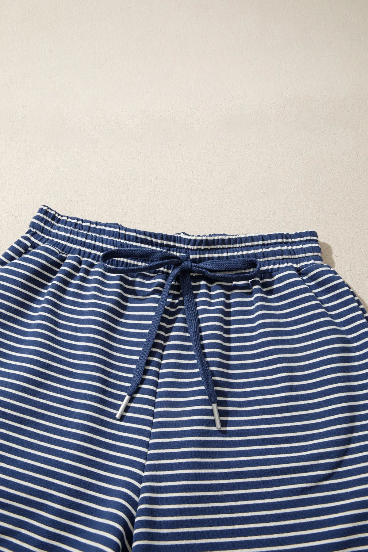 Ribbed Patchwork Mock Neck Baggy Pullover Matching Shorts Set – Blue Stripe