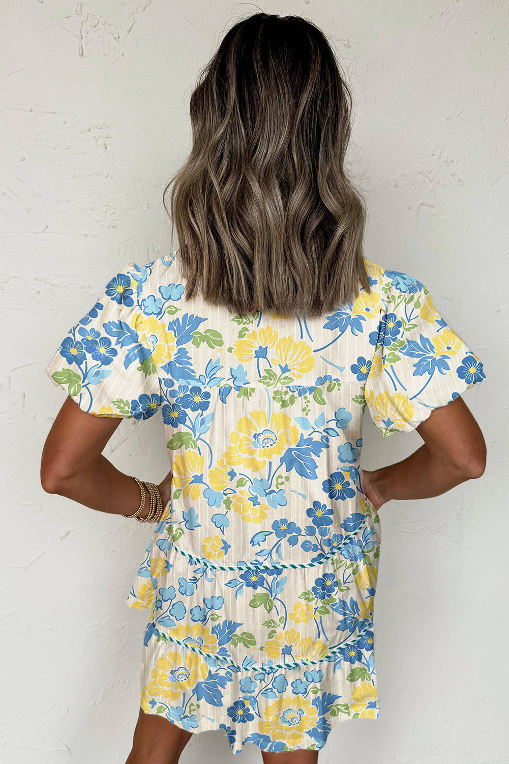 Blue Floral Striped Trim Puff Short Sleeve Dress eAura