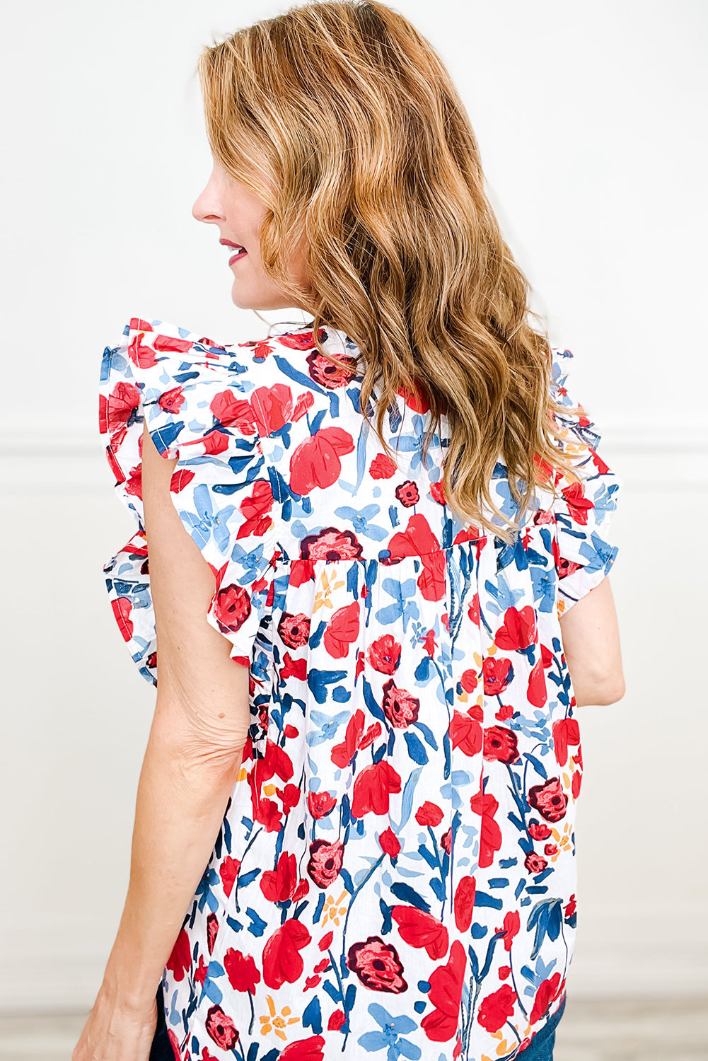 Red Flowers Pintuck Detail V-Neck Ruffled Sleeve Top eAura