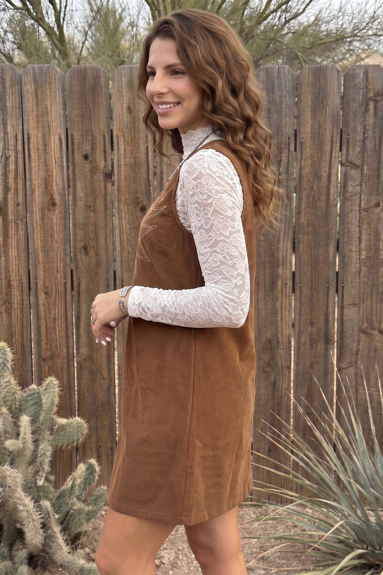 Geometric Embroidery Sleeveless Corduroy Shift Dress – Coffee